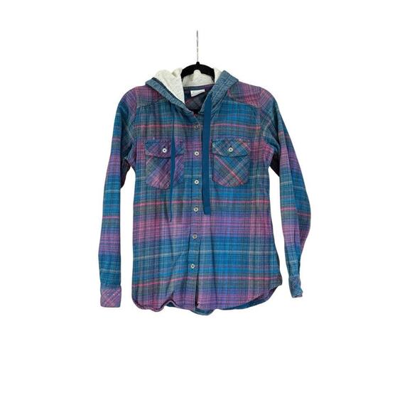 Columbia Hooded Plaid Button Down Shacket Women's S Outdoor Camp Cotton Casual - Picture 3 of 11